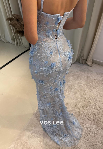 Sky Blue Spaghetti Straps Sweetheart Appliques Lace Mermaid Prom Dresses