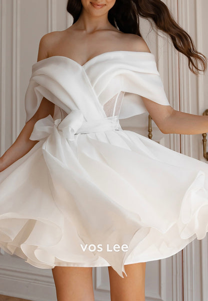 Mini & Short A-Line Off the Shoulder Bowknot Wedding Dresses with Detachable Long Sleeve
