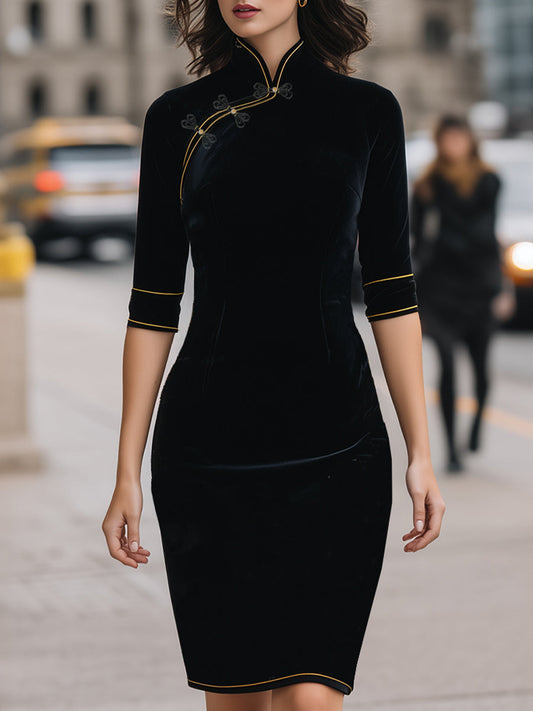 Elegant Velvet Mandarin Collar Dress With Gold Piping