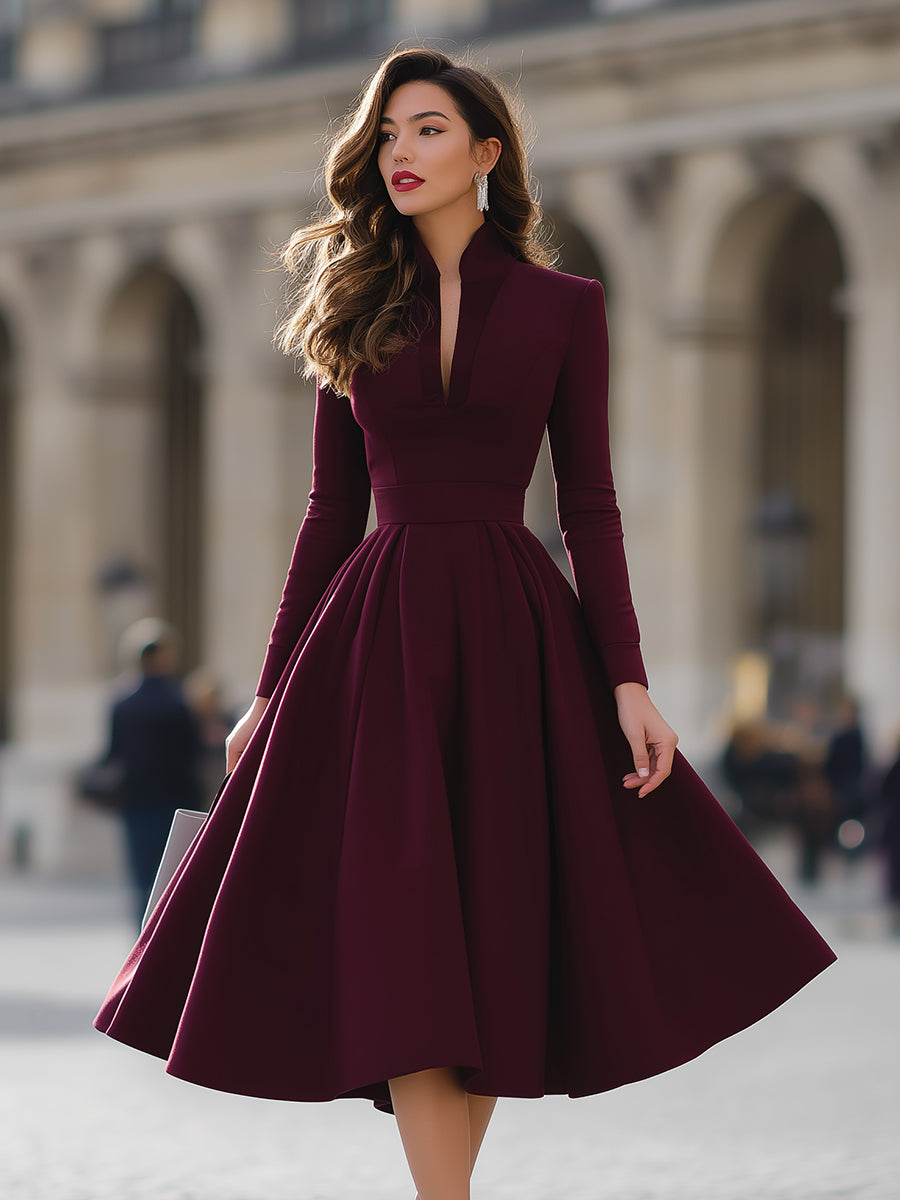 Burgundy V-Neck Full-Skirt Midi Dress