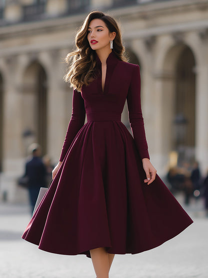 Burgundy V-Neck Full-Skirt Midi Dress