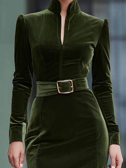 Emerald Green Velvet Belted Midi Dress