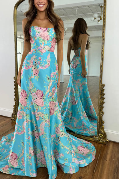 Mermaid Strapless Floral Satin A-Line Prom Dress