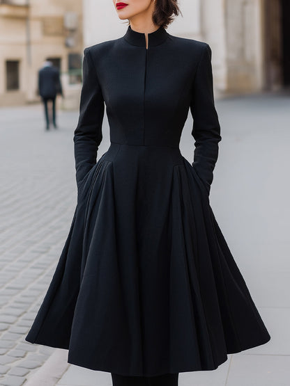 Structured High-Neck Pleated Midi Dress