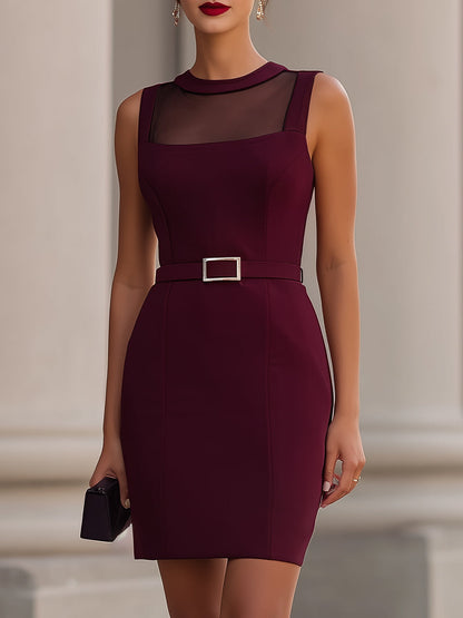 Burgundy Sheer Mesh Panel Sleeveless Belted Mini Bodycon Dress