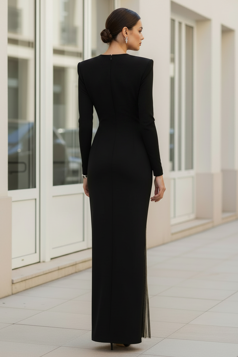 Elegant Tuxedo-Inspired Silver Slit Gown