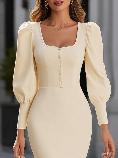 Puff-Sleeve Square-Neck Midi Dress With Button Detail