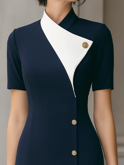 Elegant Contrast Collar Button-Front Fitted Sheath Dress