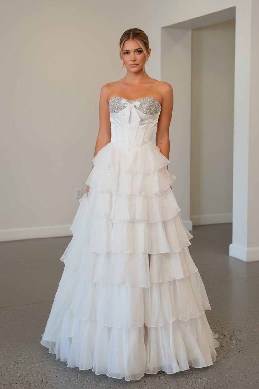 Cute A Line Strapless White Tiered Chiffon Prom Dress with Beading