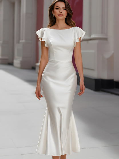 Satin Flutter-Sleeve Mermaid Dress