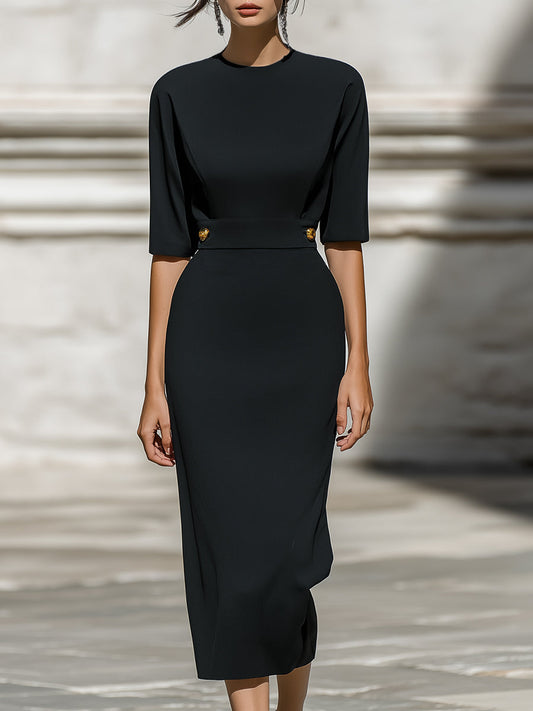 Elegant Half Sleeve Belted Midi Dress