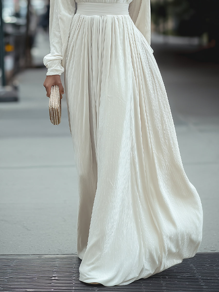 White High-Neck Pleated Maxi Dress