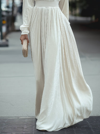 White High-Neck Pleated Maxi Dress