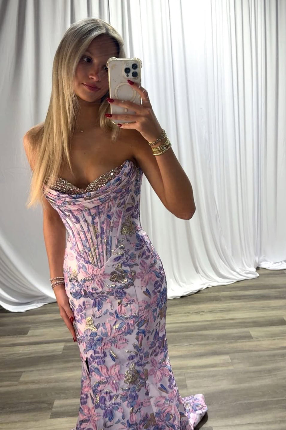 Gorgeous Mermaid Sweetheart Lavender Jacquard Satin Prom Dress with Beading