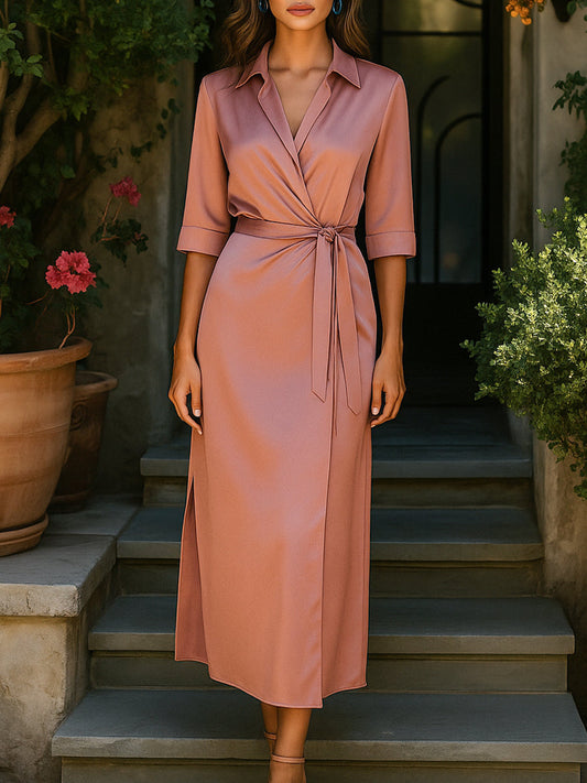 Rose Satin Wrap Shirt Dress Wedding Guest Dresses