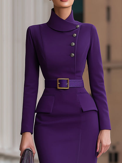 Elegant High-Neck Belted Midi Dress With Asymmetric Button Detail