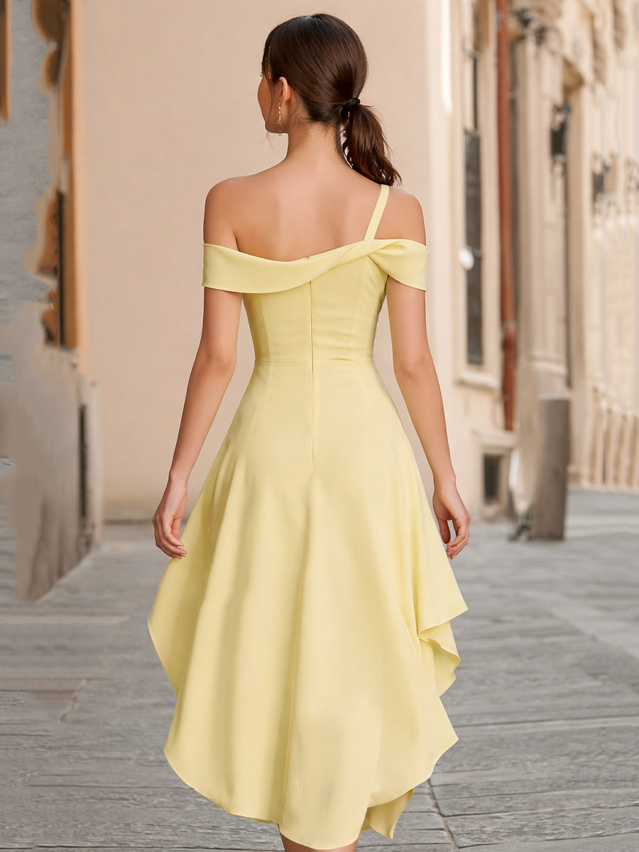 Elegant High-Low Cocktail Dress With Asymmetrical Cold-Shoulder Neckline