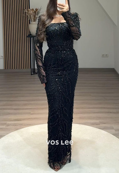 Elegance Allover Lace Beaded Long Sleeves Mermaid Evening  Formal Dresses