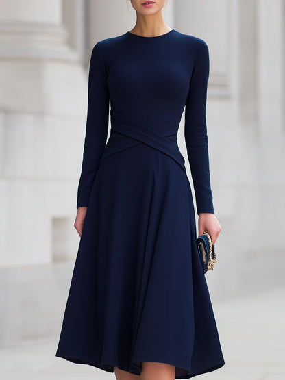 Elegant Navy Long Sleeve Fit & Flare Midi Dress