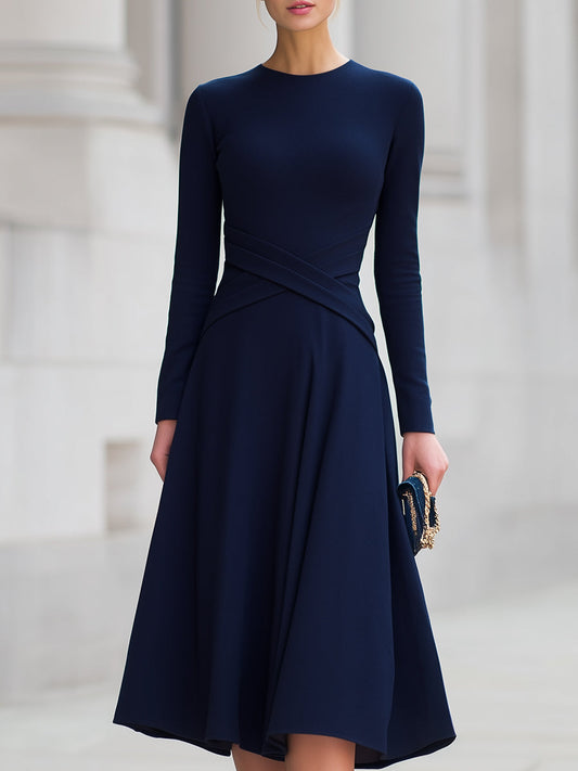 Elegant Navy Long Sleeve Fit & Flare Midi Dress