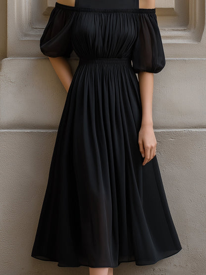 Cold-Shoulder Pleated Chiffon Midi Dress