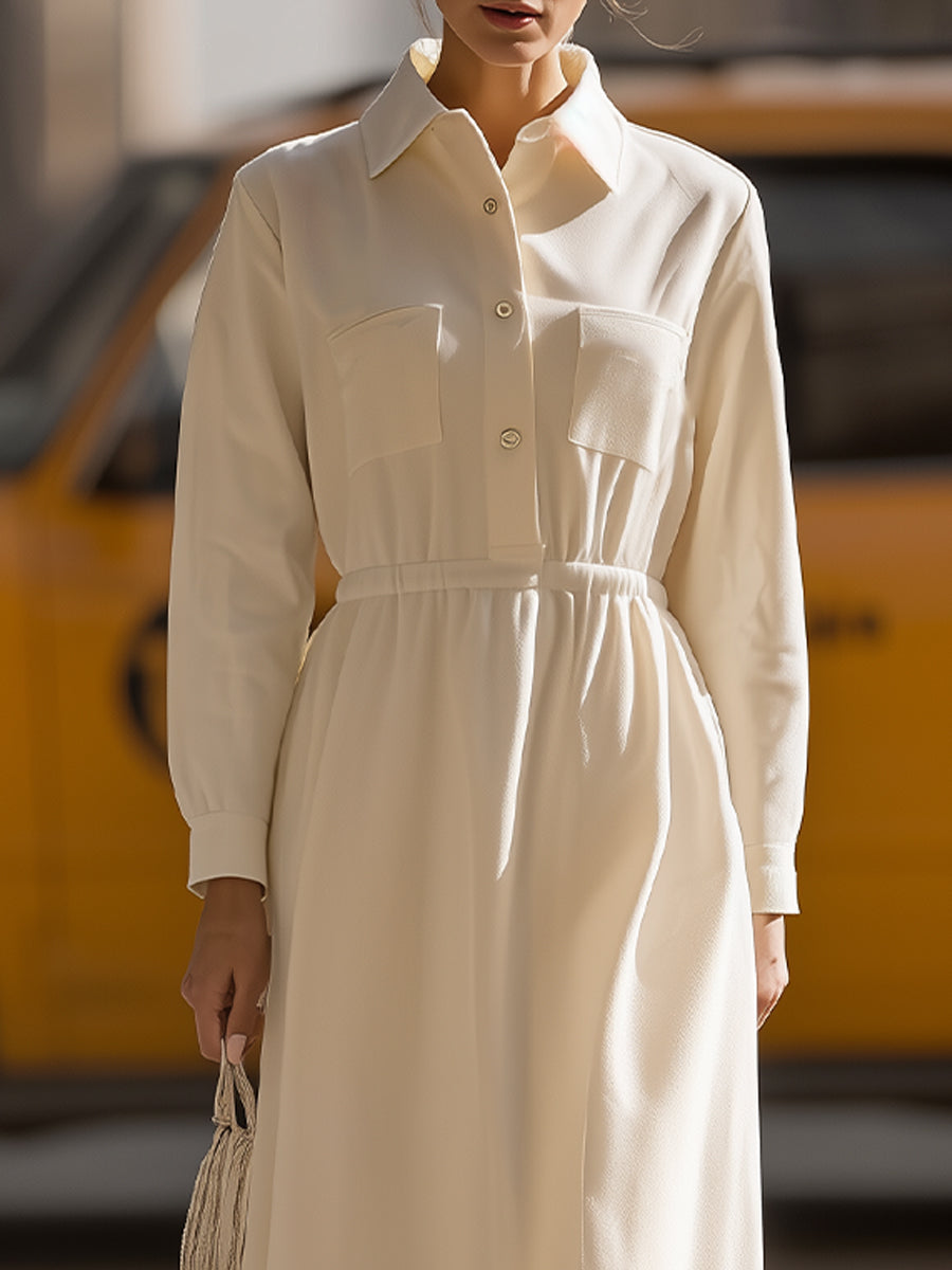 Elegant Collared Long - Sleeve Maxi Shirt Dress