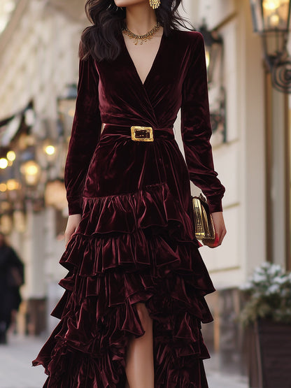 Velvet Wrap Dress With Ruffle Detail In Burgundy