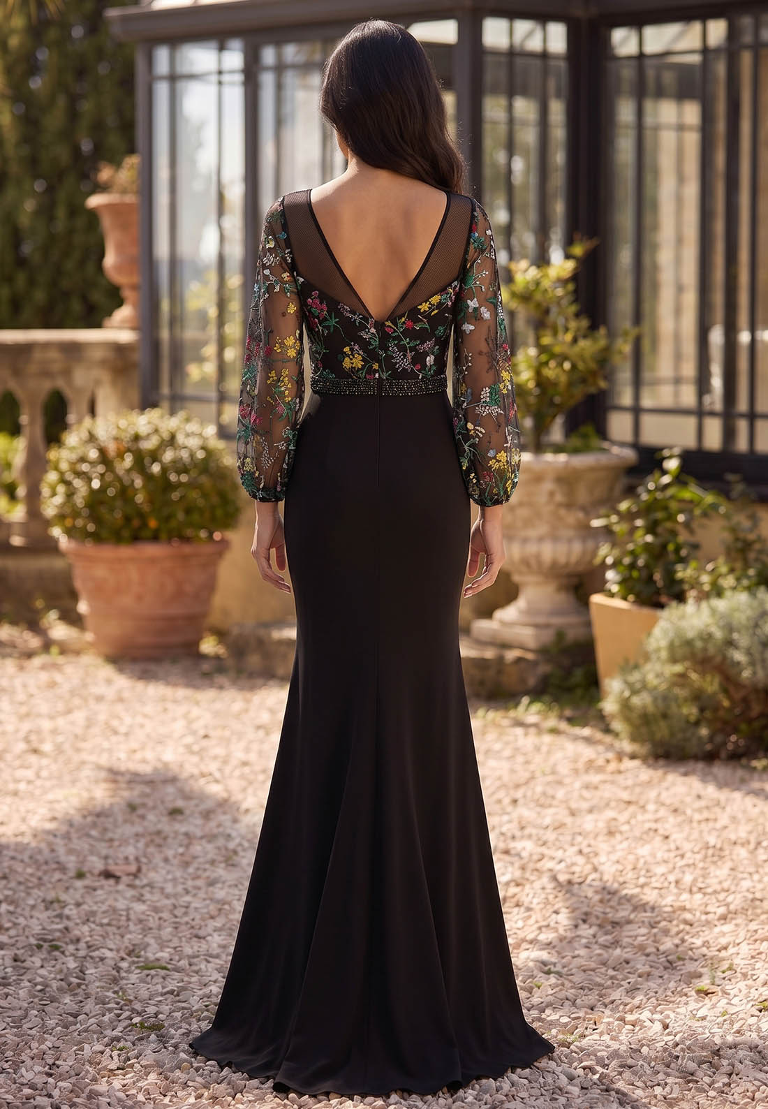 Black Long Sleeves V-Neck Appliques Empire Waist Mother of the Bride Dress