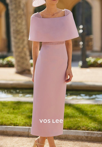 Classic Off the Shoulder Rhinestone Bowknot Sheath Tea-Length Mother of Bride Dresses