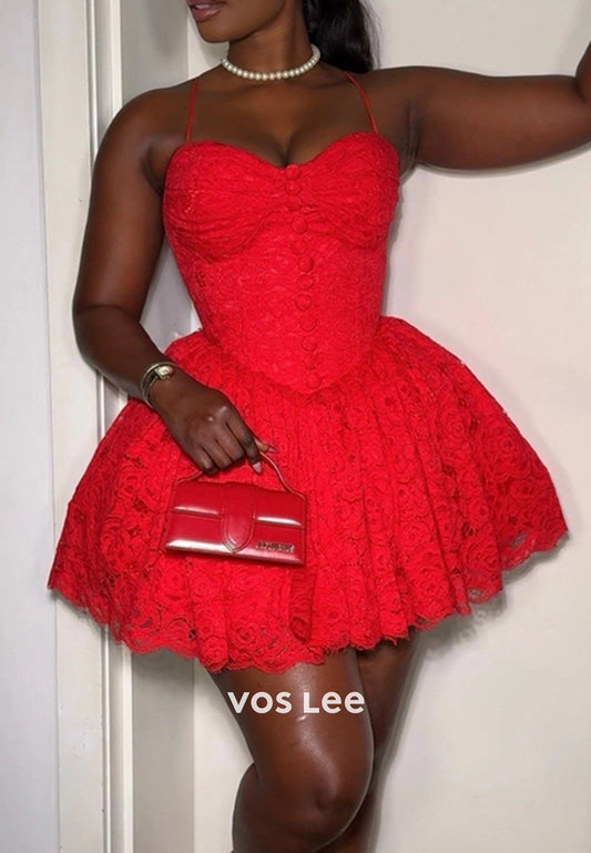 A-line Spaghetti Straps Sweetheart Appliques Lace Homecoming Dresses