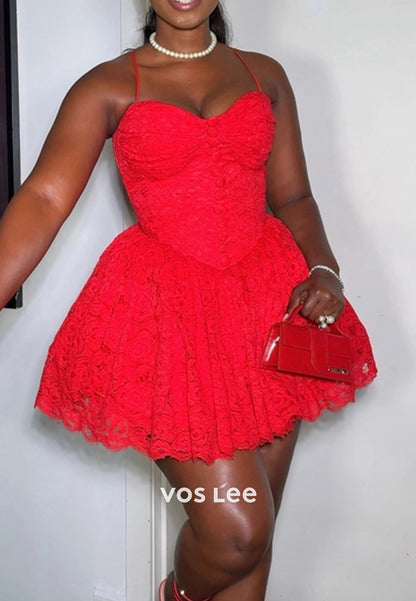 A-line Spaghetti Straps Sweetheart Appliques Lace Homecoming Dresses