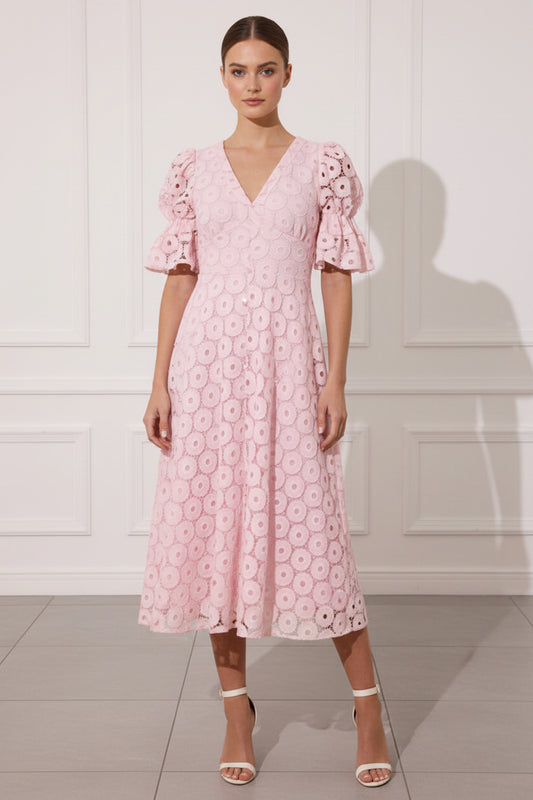 Column V Neck Lace Wedding Guest Dress