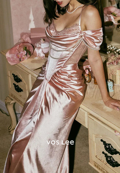 Sparkling & Glamorous Off the Shoulder Pearls Ankle-Length Sheath Prom Dresses