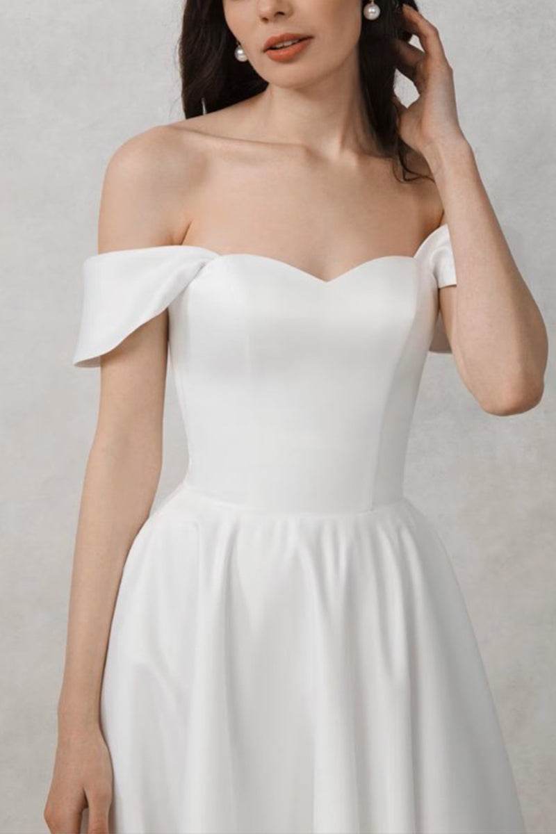 A-Line Off the Shoulder Tea Length Satin Little White Dress