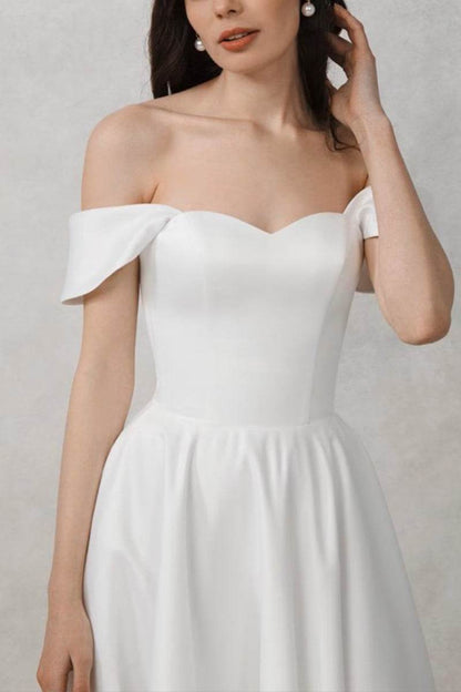 A-Line Off the Shoulder Tea Length Satin Little White Dress