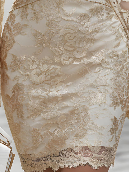 Gold Lace Long-Sleeve Ruched Dress