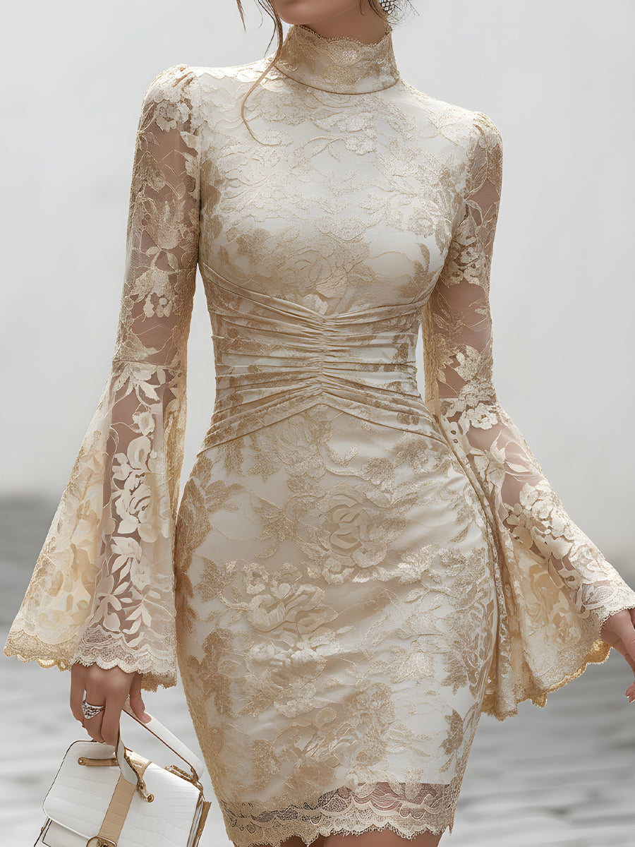 Gold Lace Long-Sleeve Ruched Dress