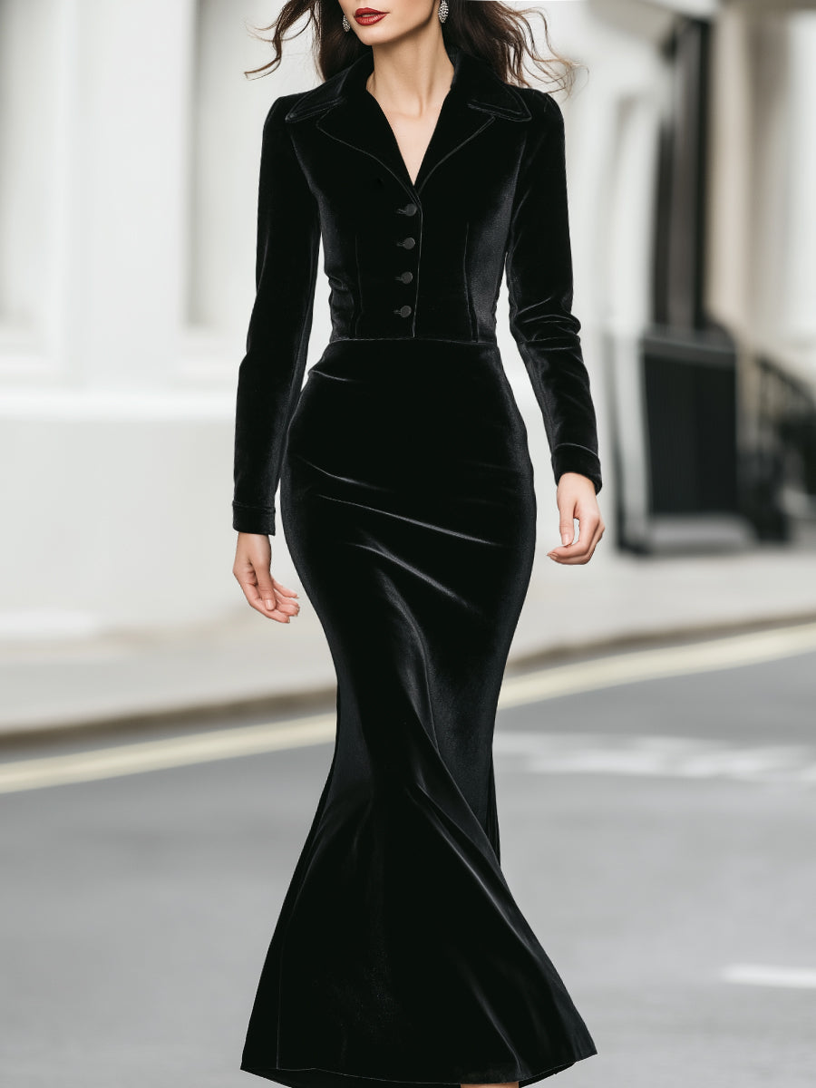 Velvet Long-Sleeve Buttoned Mermaid Dress