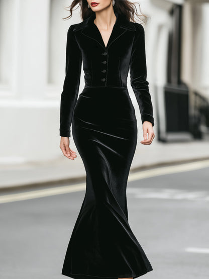 Velvet Long-Sleeve Buttoned Mermaid Dress