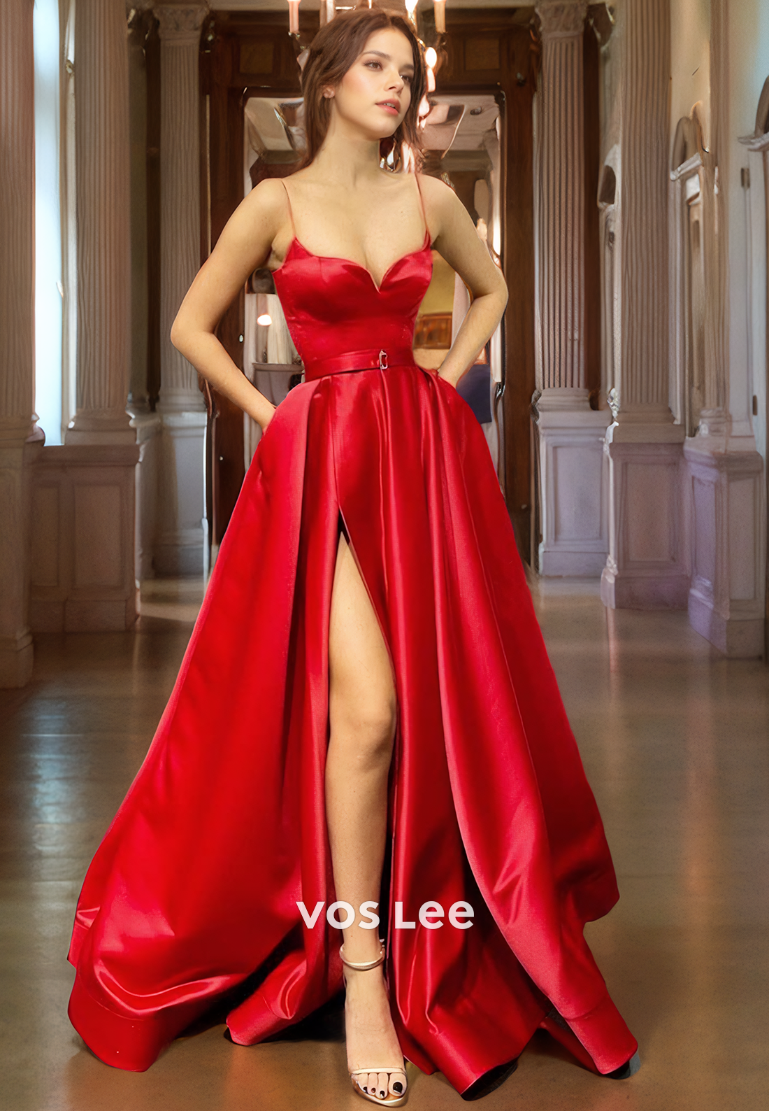 Long Red Prom Dress A-Line Spaghetti Straps High Split Satin Formal Evening Dress