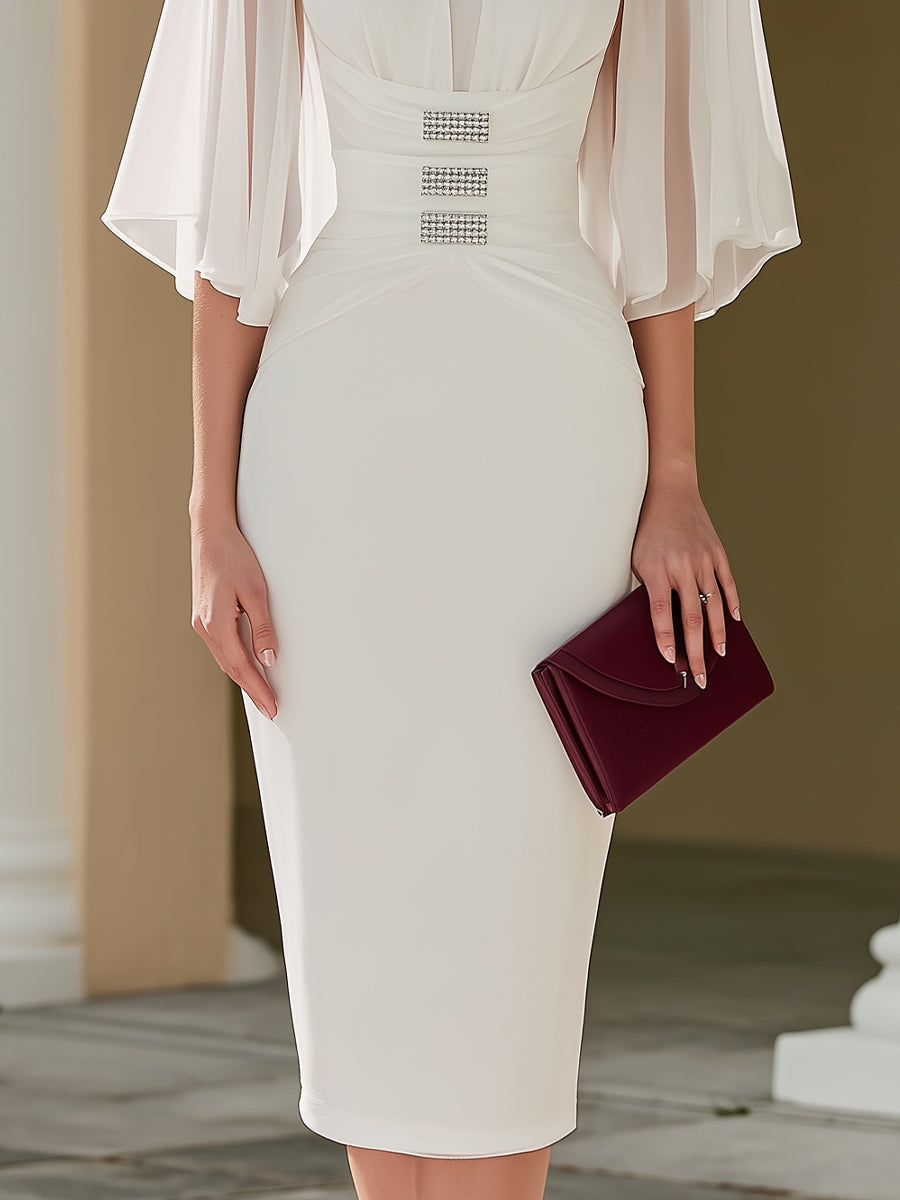 Cape Sleeve Embellished Waist Midi Dress