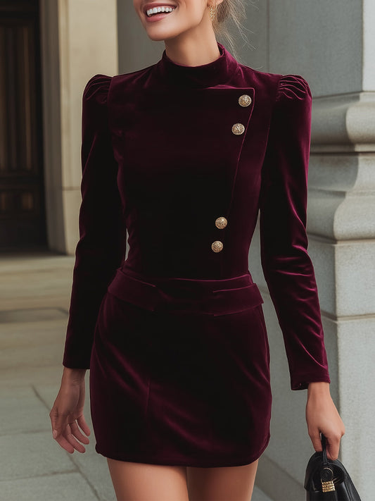 Vintage Asymmetric Button Velvet Mini Dress