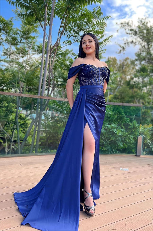 Glamorous Royal Blue Off the Shoulder Sleeveless Long Split Evening Dress With Beading