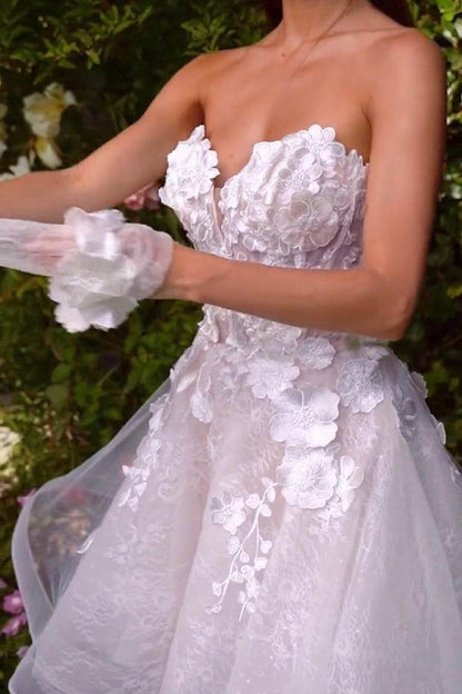 3D Floral Applique Strapless Tulle Mini Wedding Dress with Detachable Sleeves