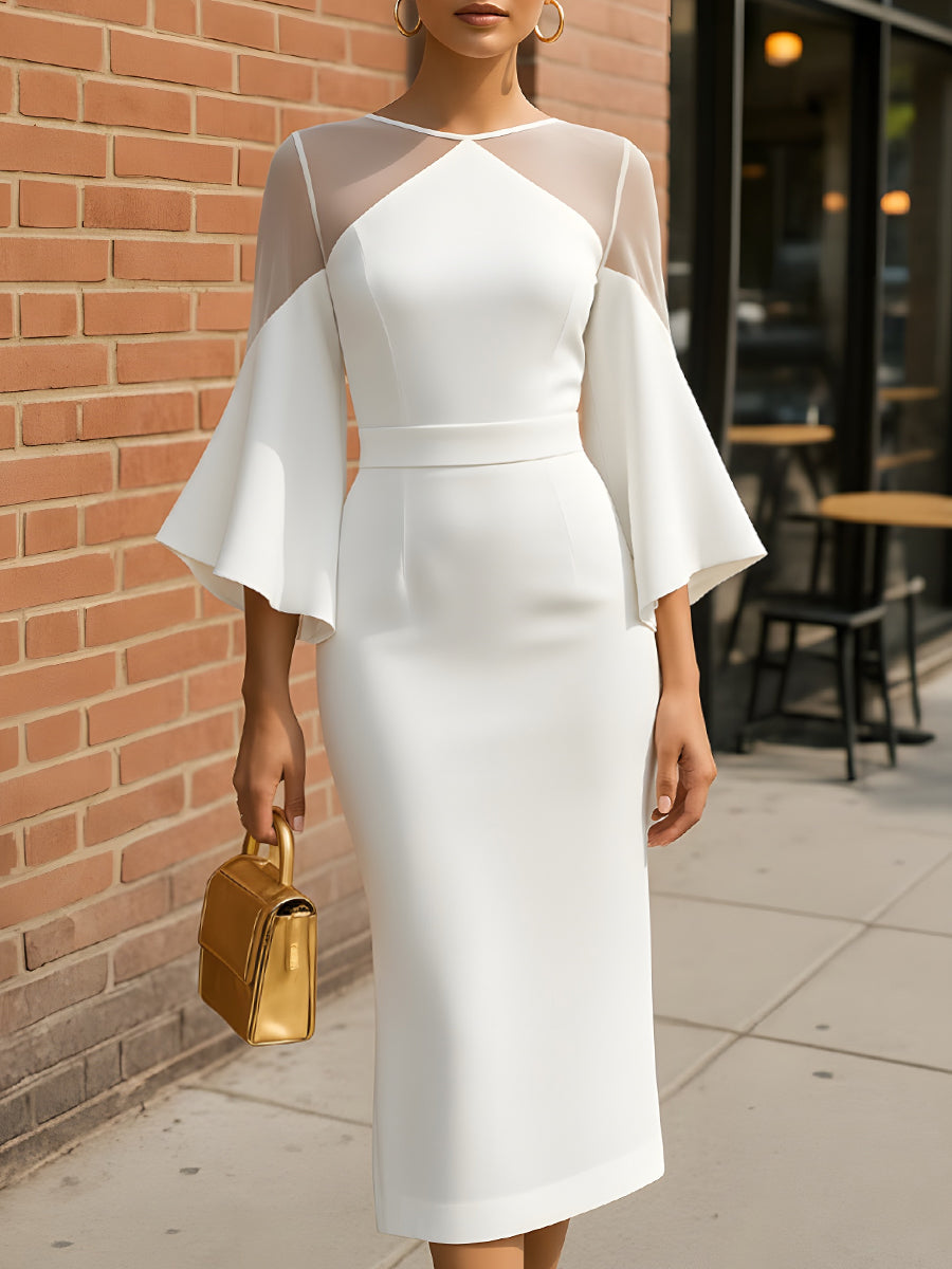 Elegant Sheer-Panel Midi Dress With Flared Sleeves