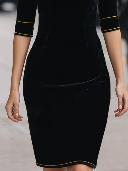 Elegant Velvet Mandarin Collar Dress With Gold Piping