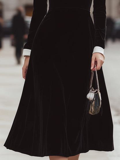 Legant Velvet A-Line Midi Dress With Contrast Lapel
