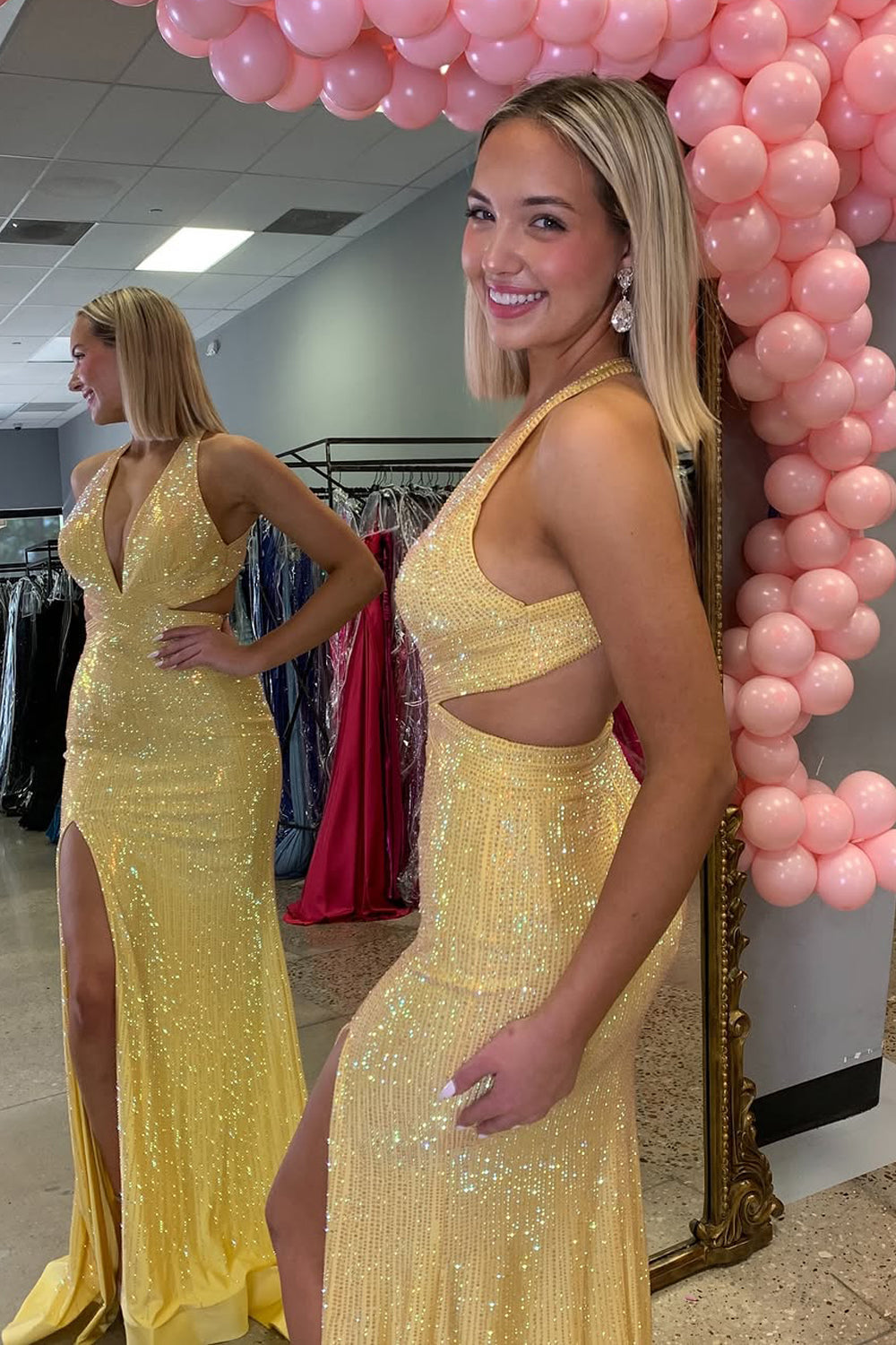 Mermaid Halter Yellow Beads Long Prom Dresses with Slit