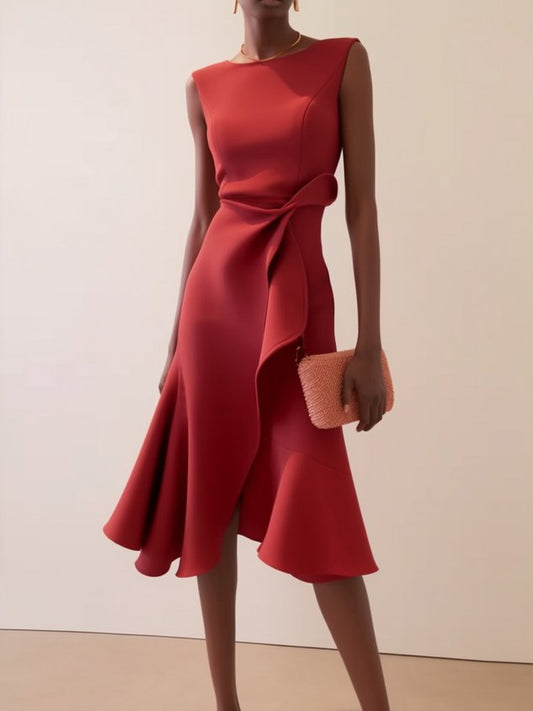 Red Sleeveless Midi Elegant A-line Dress