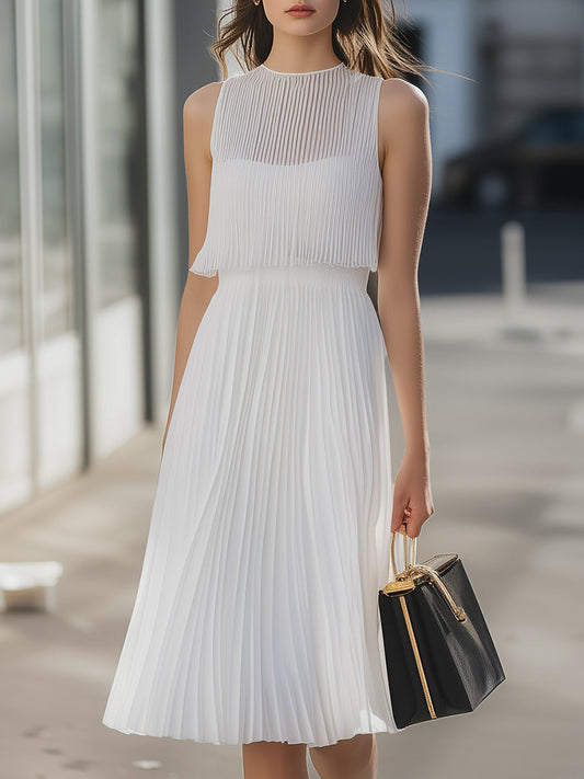 Elegant Sleeveless Pleated Chiffon Midi Dress MYA2470E5V_White||XS||YU